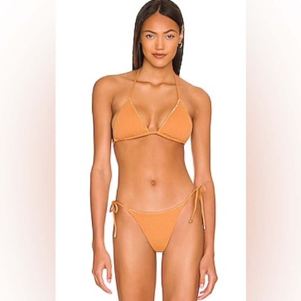 Vix Embroidery Triangle Bikini Top in Desert and matching bottom